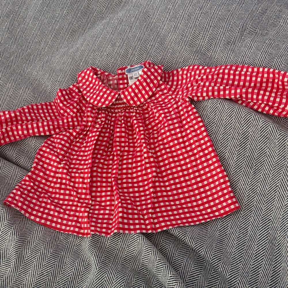 Jacadi Pink, Red and White Checkered Baby blouse. 24 mos.